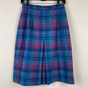 Vintage‎ Wool Turquoise Teal Pink Grey Gold Plaid Homemade Skirt, A-line, Small